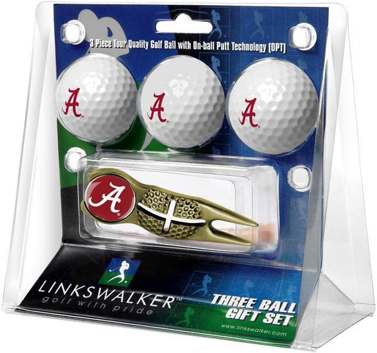 Alabama Crimson Tide - Gold Crosshair Divot Tool 3 Ball Gift Pack - Linkswalkerdirect